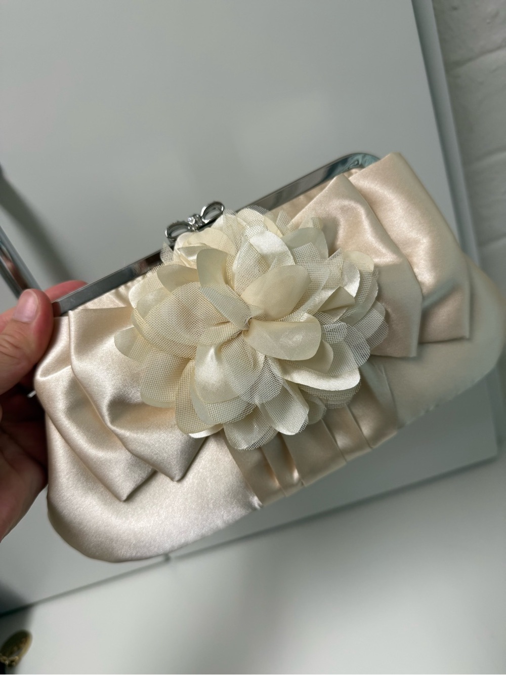 Ivory Satin Flower Clutch Rhinestone Bow Frame